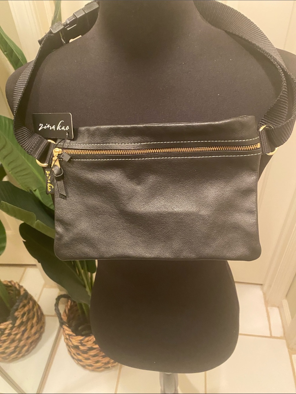 Zina Kao Black Leather Crossbody Belt Bag with Gold Hardware